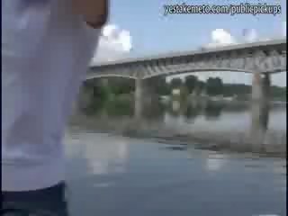 Real amateur brunette has x rated film vid in public in a boat and eats the cum