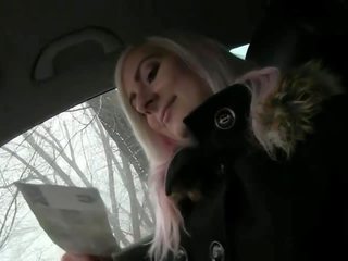 Blonde deepthroating huge pecker in car in public